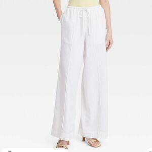 Women’s high rise wide leg linen pull on pants- a new day white medium